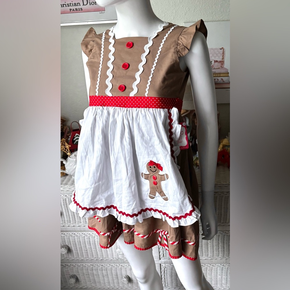 Ricrac & Ruffled 100% Cotton Gingerbread Girls Dress in Brown & Red Size 10 NWT